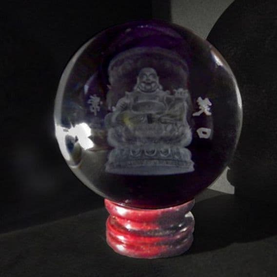 布袋尊 水晶 彫刻 台付 化粧箱付