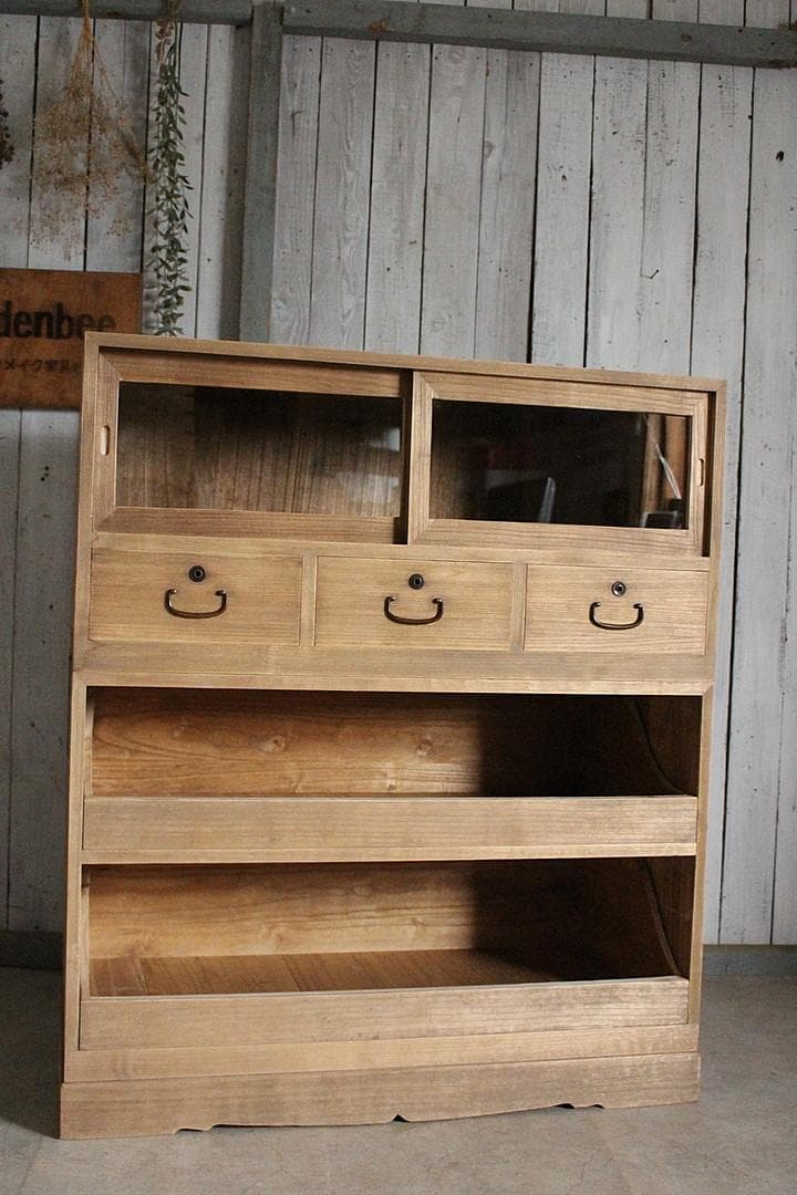 古いガラス戸棚×木製小引き出し3杯　ローチェスト　食器棚　古家具