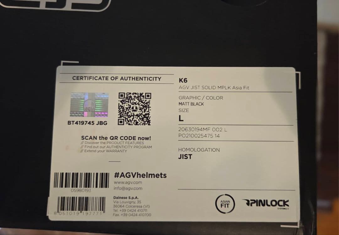AGV K6/Asia Fit/マットブラック/size L/2023年
