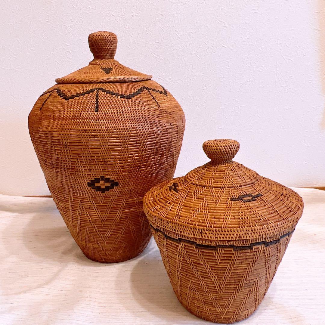 【新品】アタ 蓋付き つぼ型 バスケット 特大サイズ 模様編み 黒モチーフ