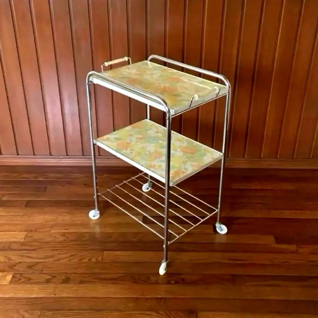 昭和レトロ　キッチンワゴン　花柄　3段　当時物　レトロポップ　トレー