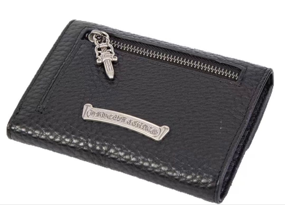 【本革】グレインレザー　クロス　ウォレット　チェーン穴あり　ブラック三つ折り財布