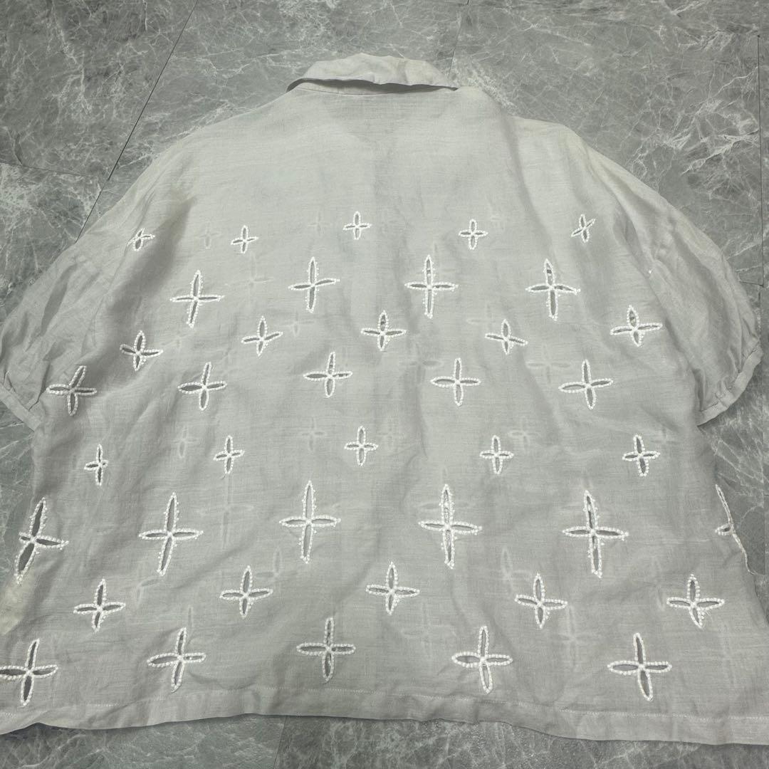 ミナペルホネン♡リネンブラウス　総柄刺繍　wild star グレー　丸襟　38