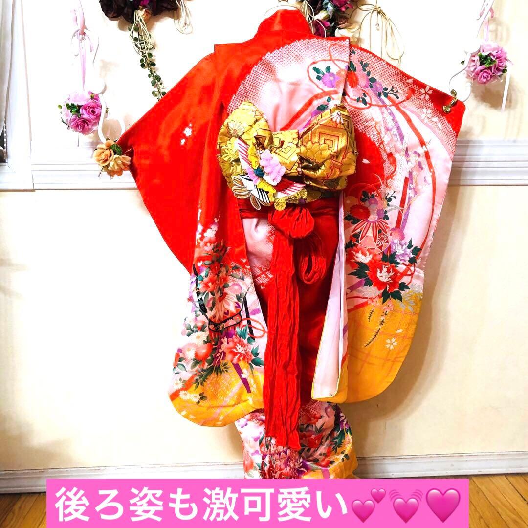 七五三七歳‼正絹赤地×黄色❤️手毬花々金彩ラメきらびやか‼️完全フルセット