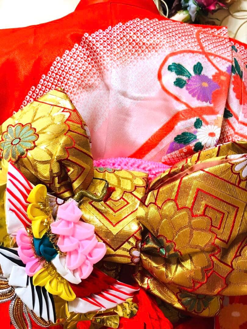 七五三七歳‼正絹赤地×黄色❤️手毬花々金彩ラメきらびやか‼️完全フルセット