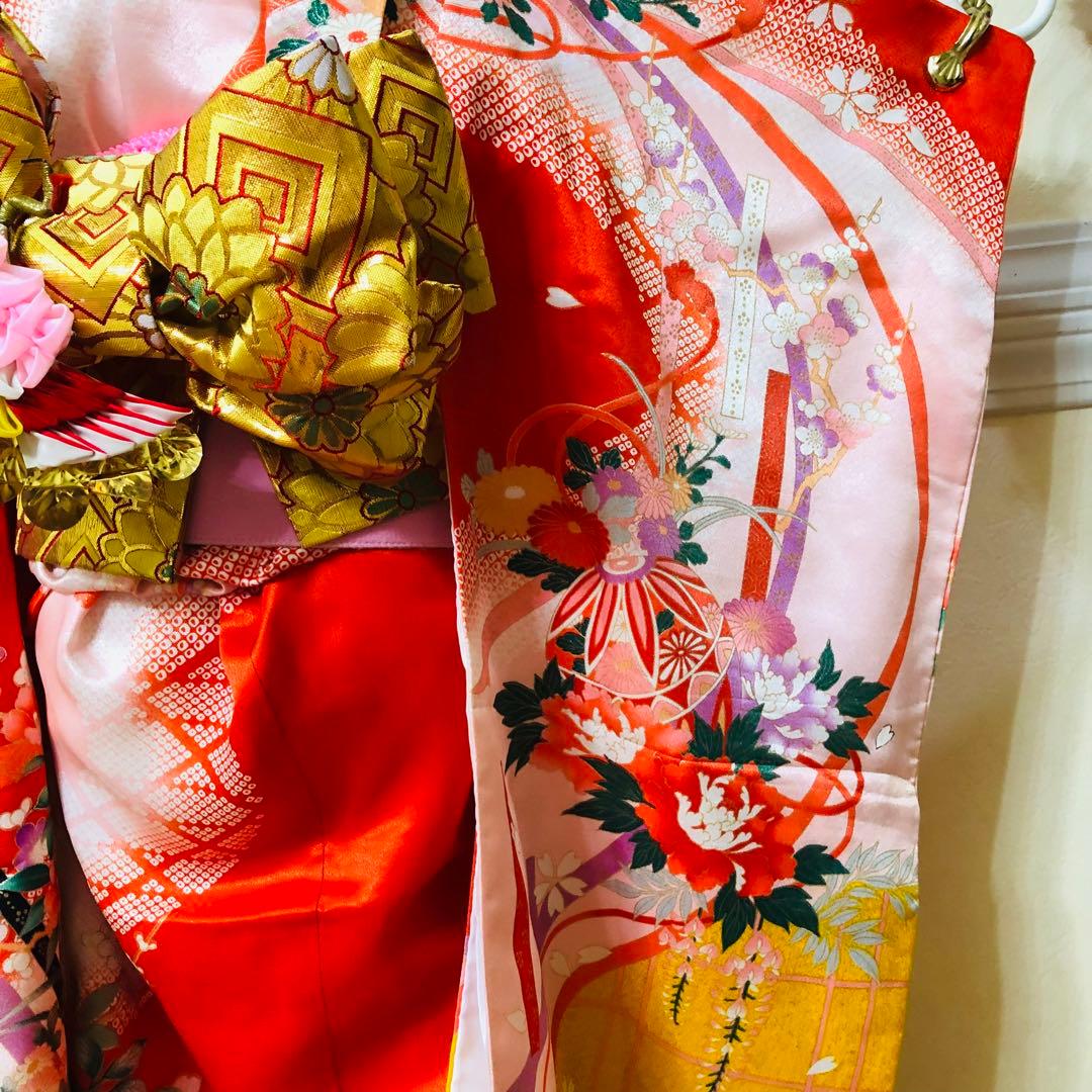 七五三七歳‼正絹赤地×黄色❤️手毬花々金彩ラメきらびやか‼️完全フルセット