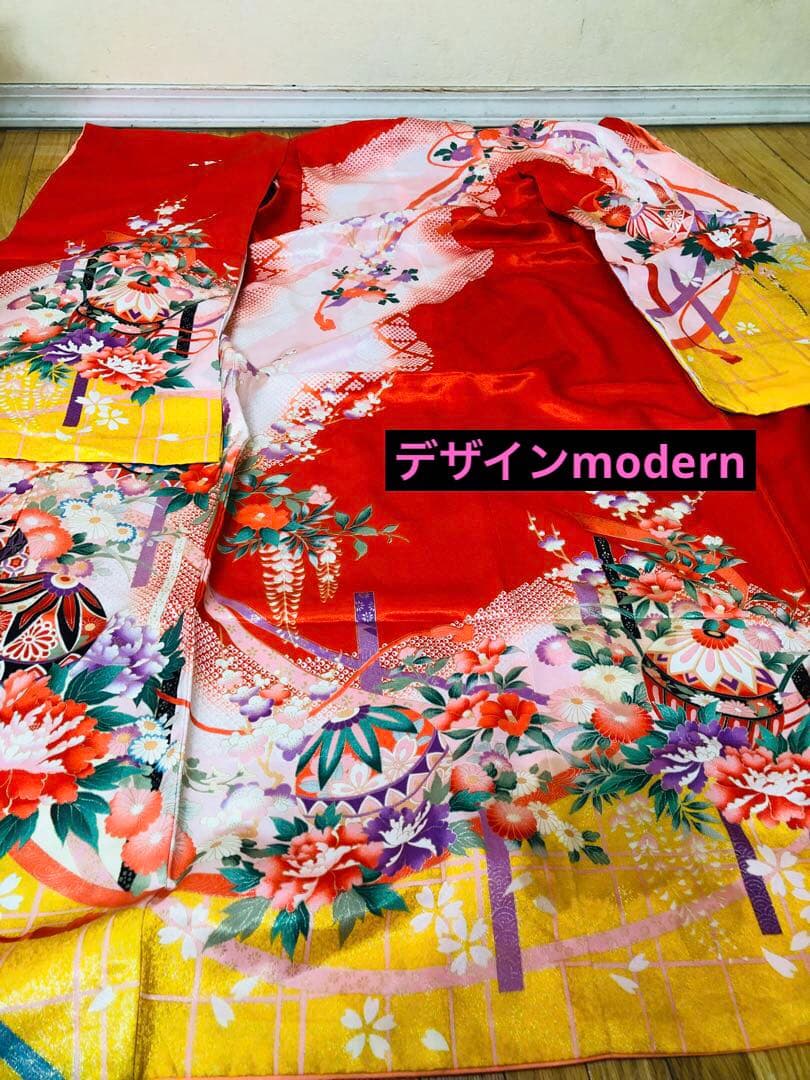 七五三七歳‼正絹赤地×黄色❤️手毬花々金彩ラメきらびやか‼️完全フルセット
