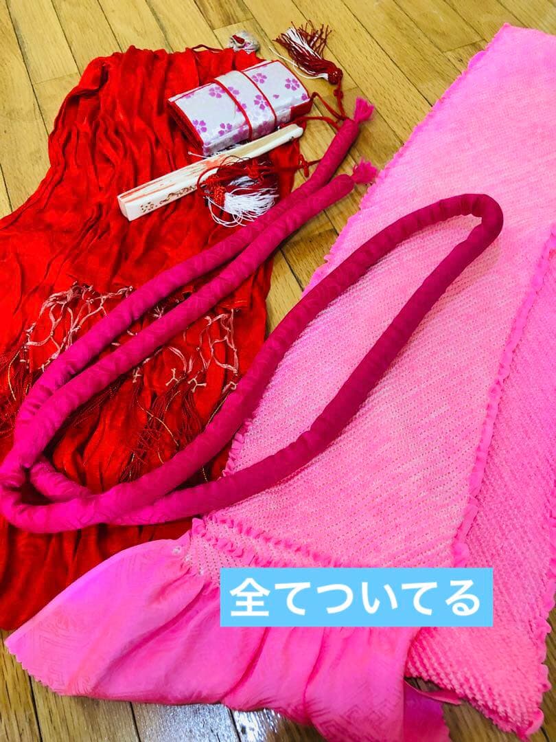 七五三七歳‼正絹赤地×黄色❤️手毬花々金彩ラメきらびやか‼️完全フルセット