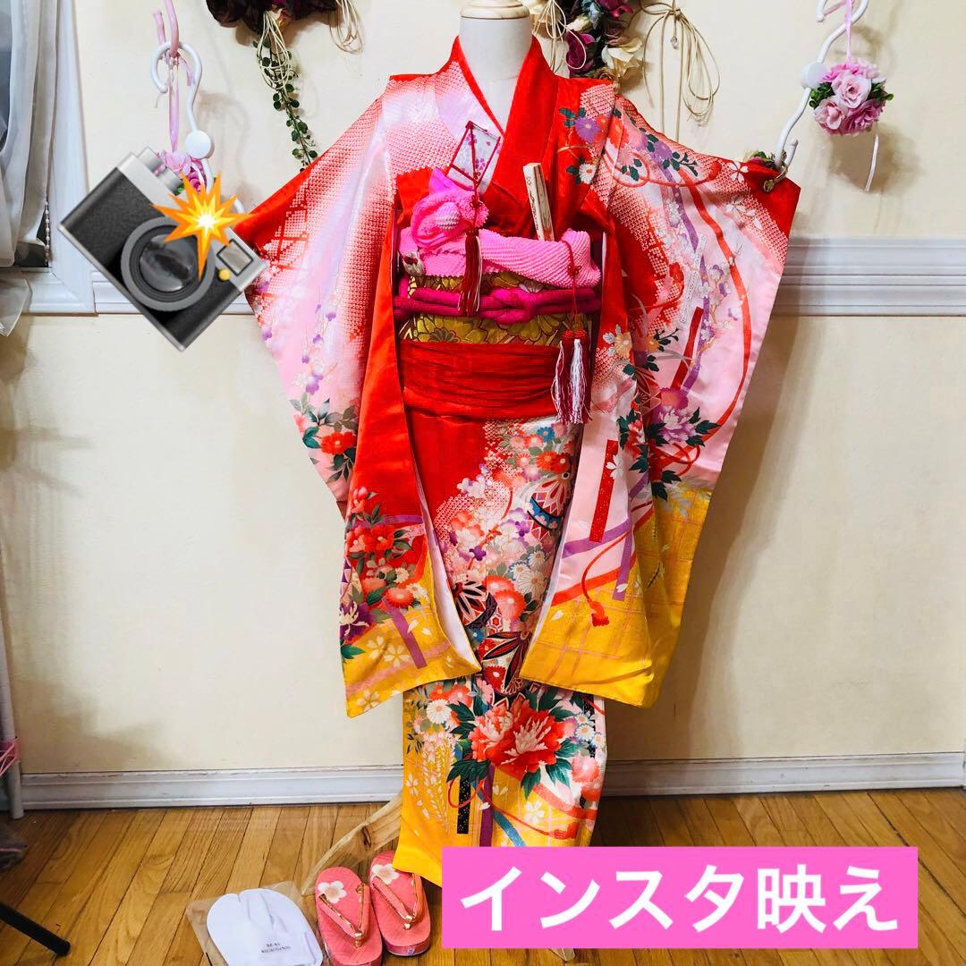 七五三七歳‼正絹赤地×黄色❤️手毬花々金彩ラメきらびやか‼️完全フルセット