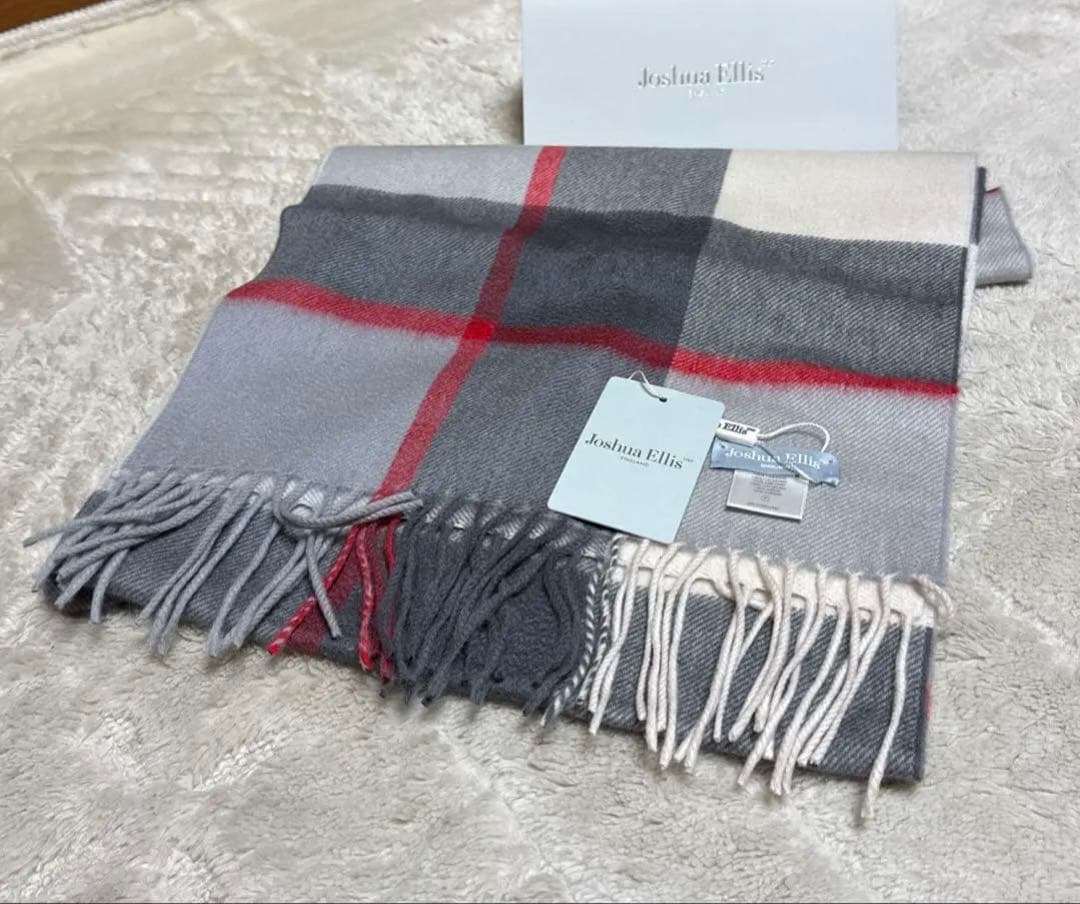 【新品】Joshua Ellis カシミヤ チェックストール グレー×レッド