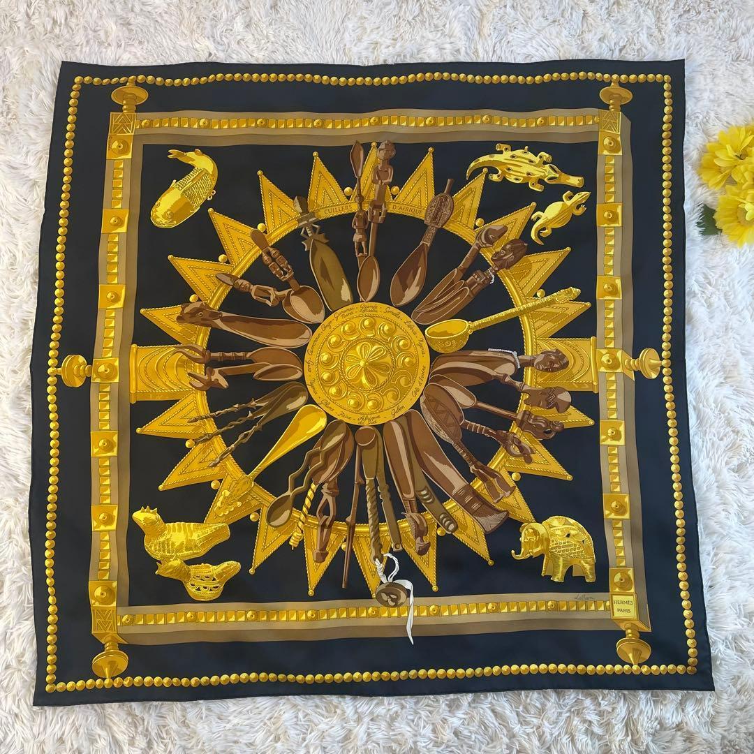 未使用級✨ エルメス カレ90 アフリカのスプーン スカーフ シルク 箱付き