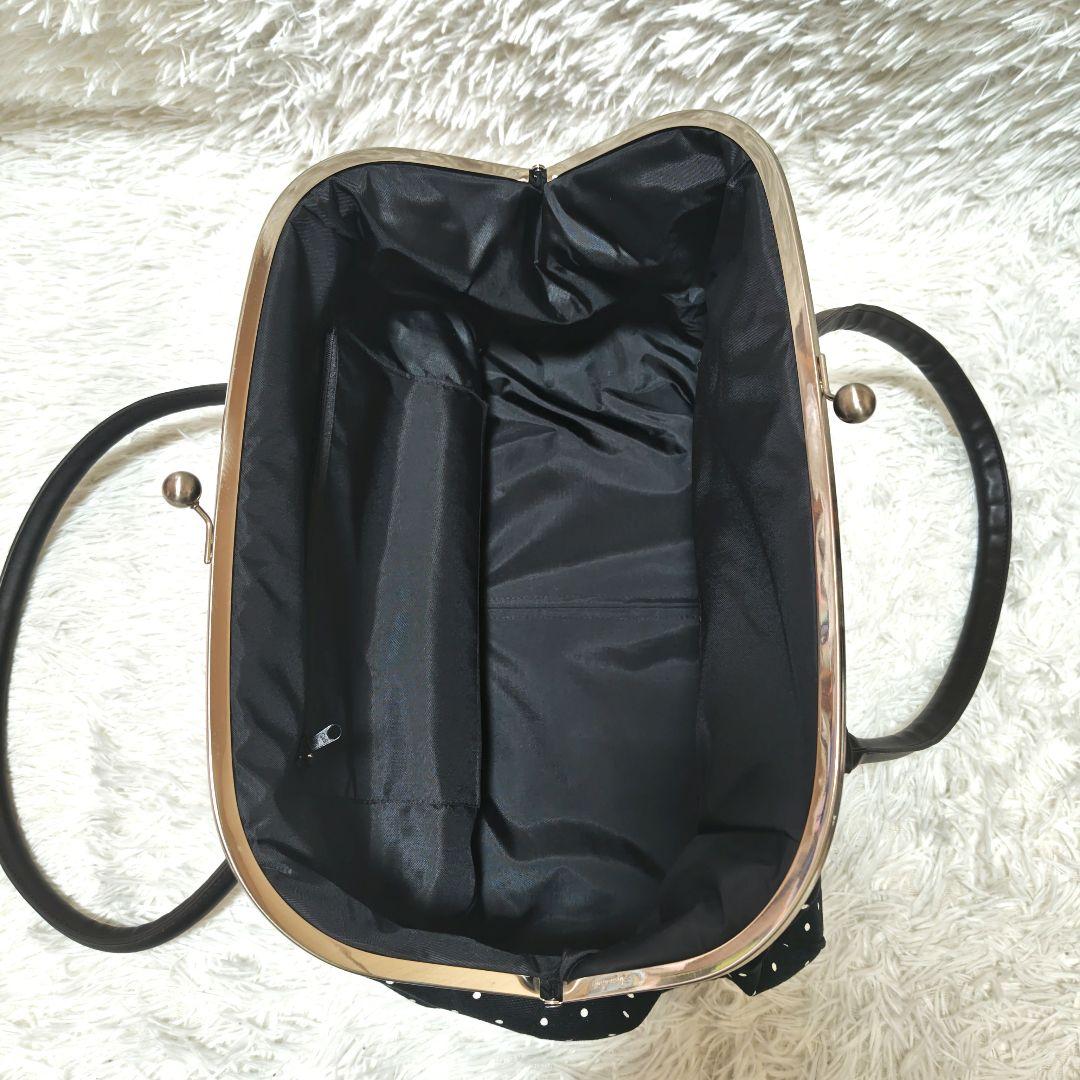 希少 美品　あやの小路 がま口ビックボストントートバッグ　ドット　黒　特大