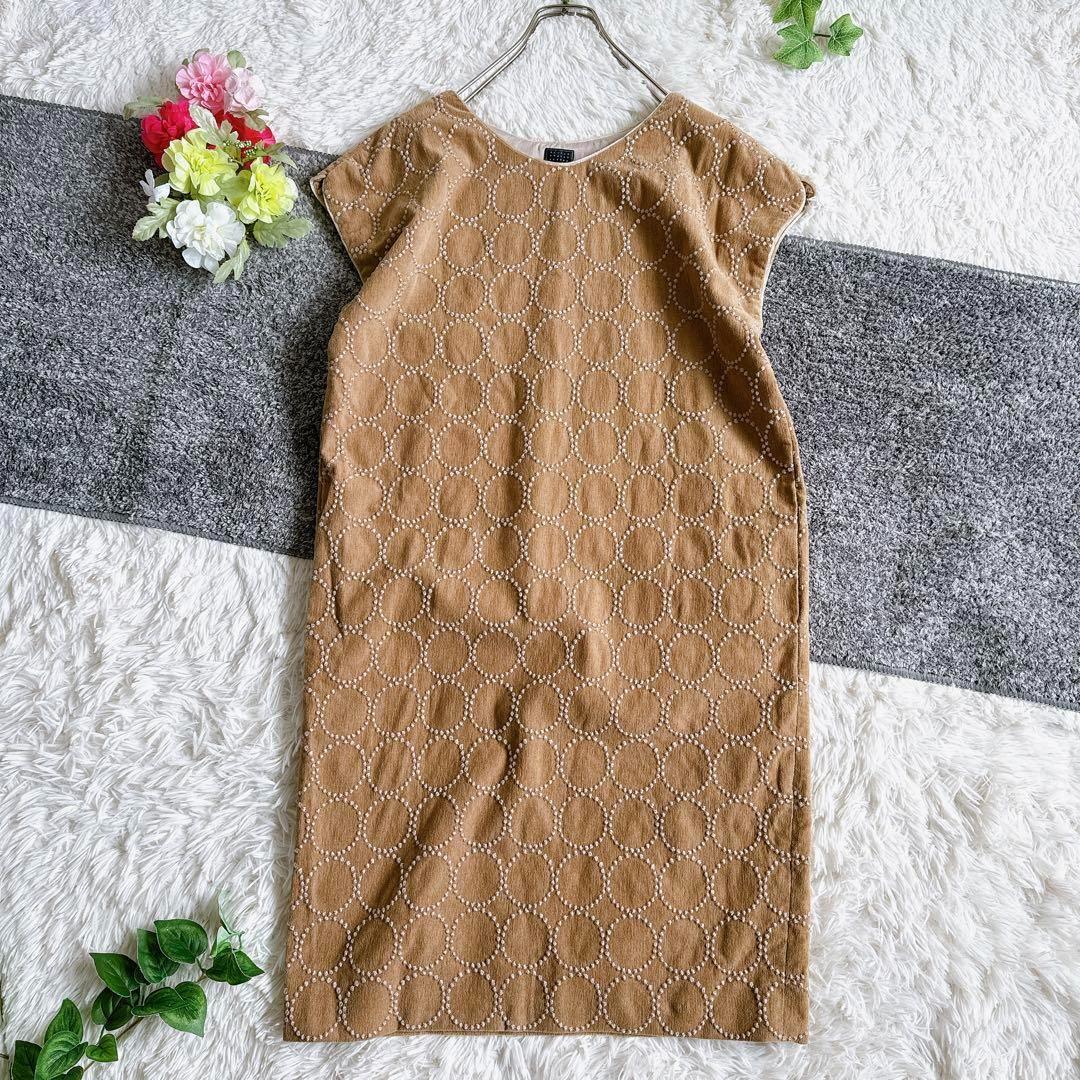 ミナペルホネン ワンピース ノースリーブ タンバリン 総柄 ベージュ 38 M