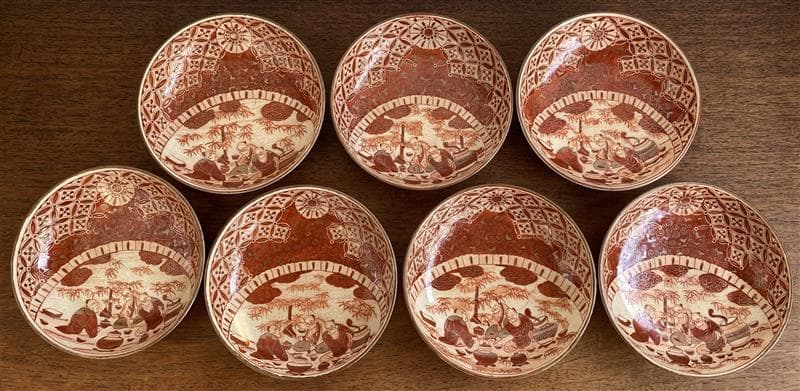 九谷焼　骨董　赤絵竹林賢人図中皿　7枚セット
