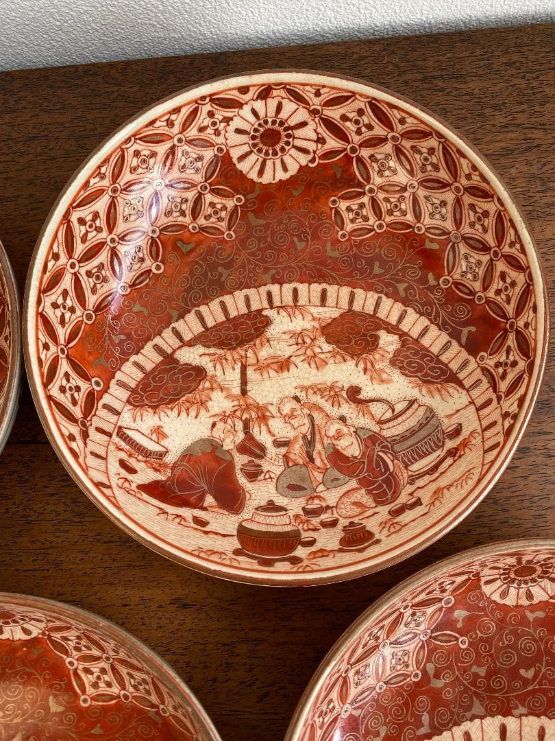 九谷焼　骨董　赤絵竹林賢人図中皿　7枚セット