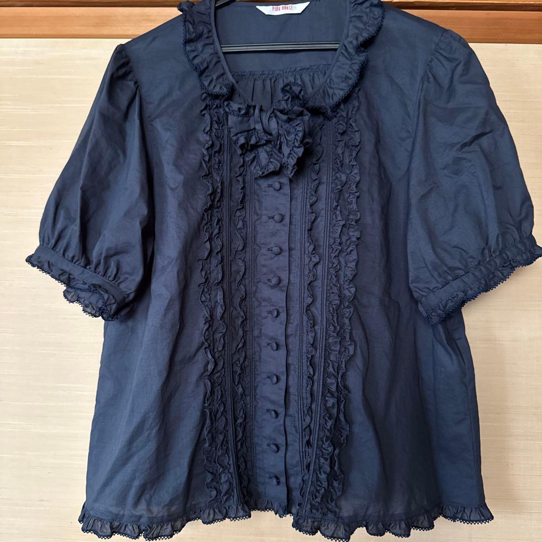 ピンクハウス　リボン付きブラウス　ネイビー