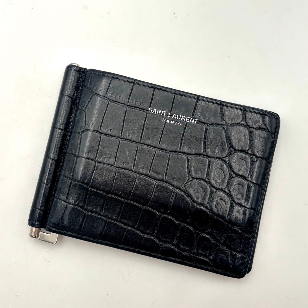 SAINT LAURENT ブラック クロコダイル 二つ折り財布 マネークリップ