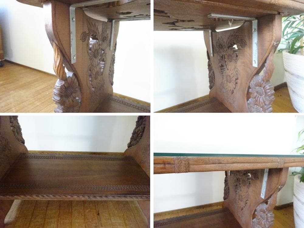 アンティーク　サイドテーブル　コーヒーテーブル　花彫刻　軽井沢彫り？