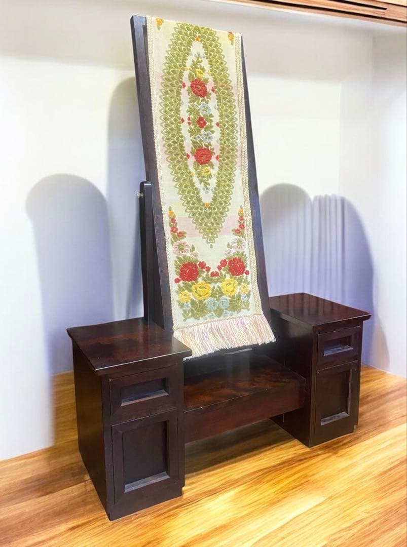 送料込み★松本民芸の高級家具　桜材の鏡台　ドレッサー　ミラーカバー付き