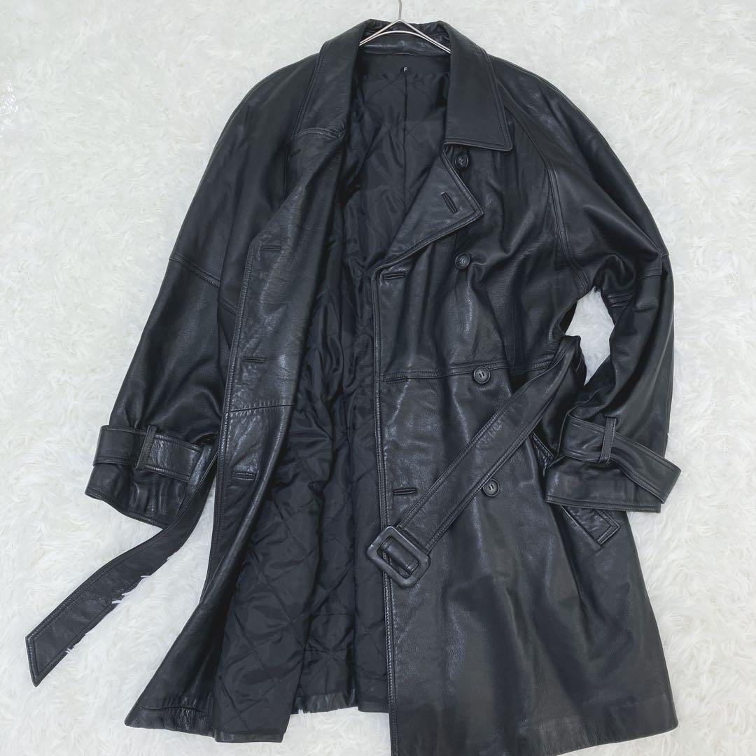 極艶極トロ ラムレザー トレンチコート フリーサイズ ベルト ブラック 香港製