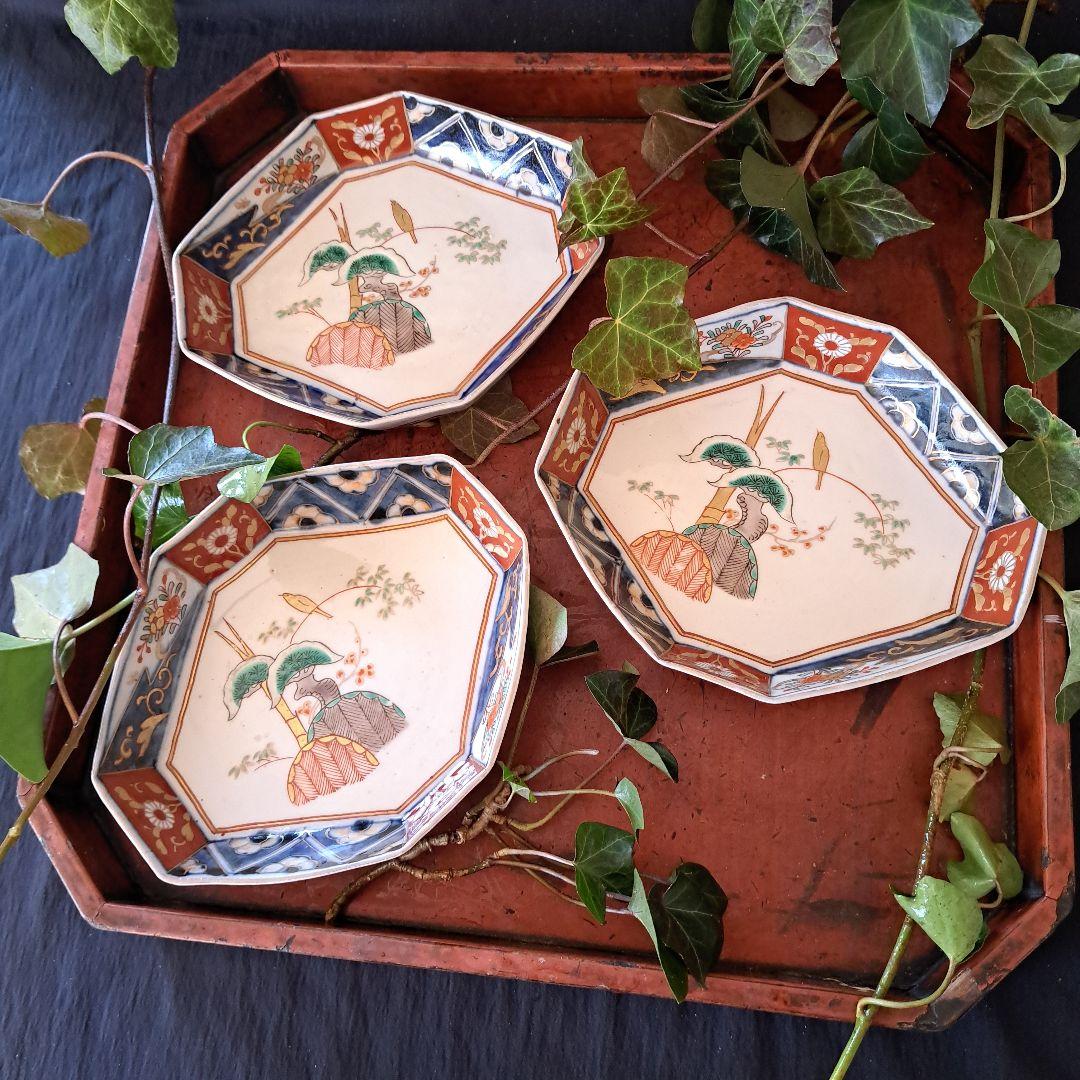 「ポツンと1羽の鳥 八角皿(幅17cm)！」 古伊万里金彩皿 3客セット 骨董ア