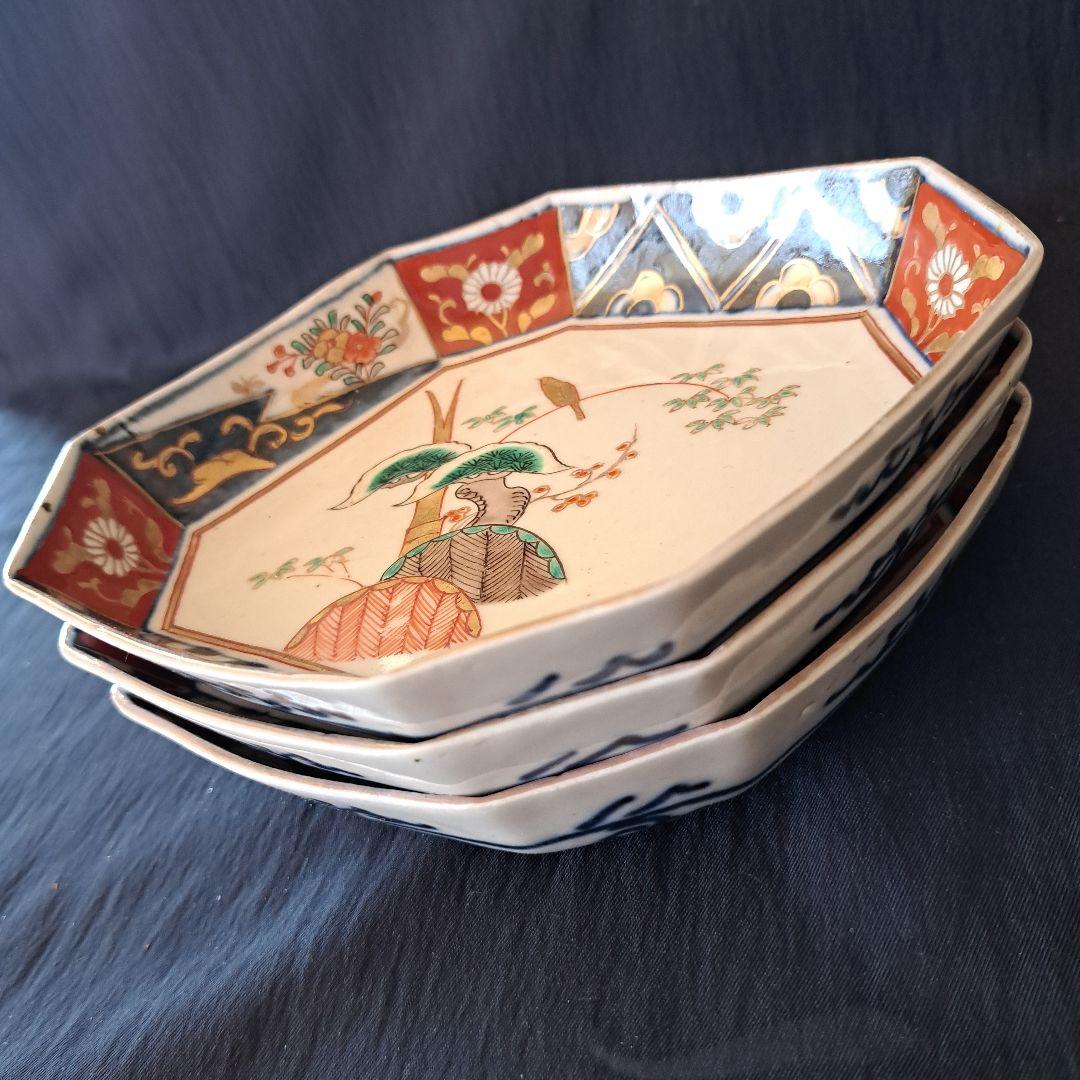 「ポツンと1羽の鳥 八角皿(幅17cm)！」 古伊万里金彩皿 3客セット 骨董ア