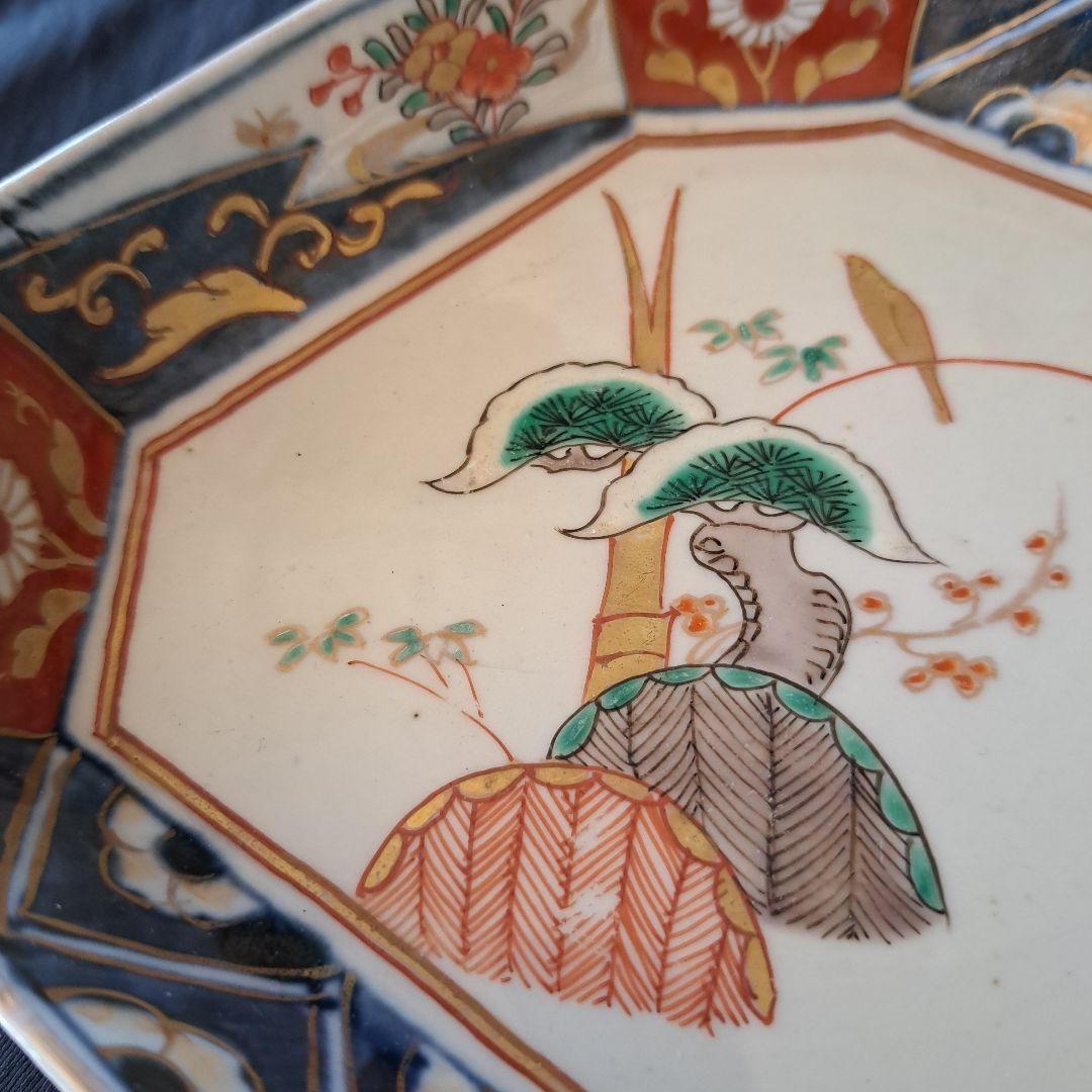 「ポツンと1羽の鳥 八角皿(幅17cm)！」 古伊万里金彩皿 3客セット 骨董ア