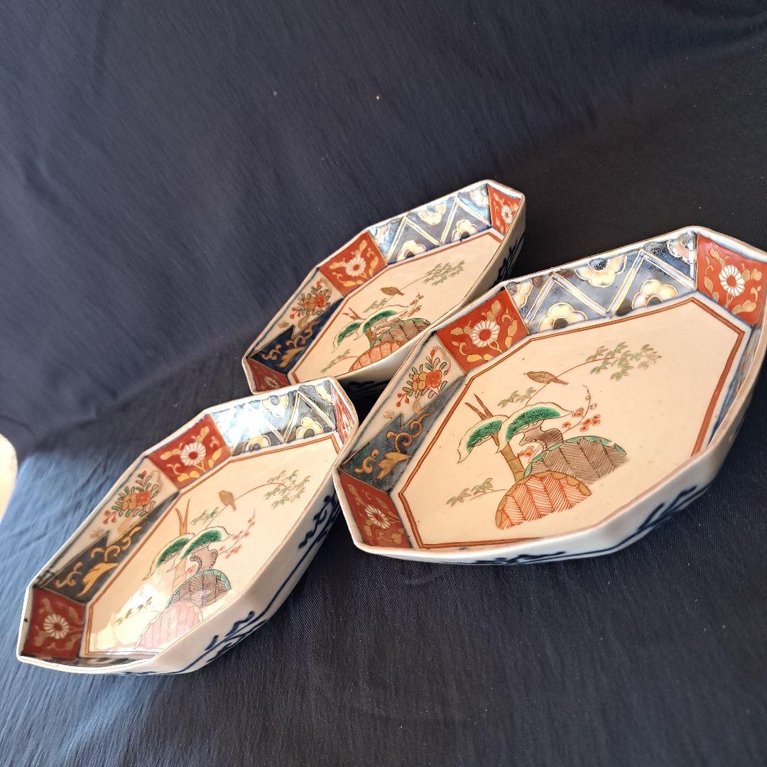 「ポツンと1羽の鳥 八角皿(幅17cm)！」 古伊万里金彩皿 3客セット 骨董ア