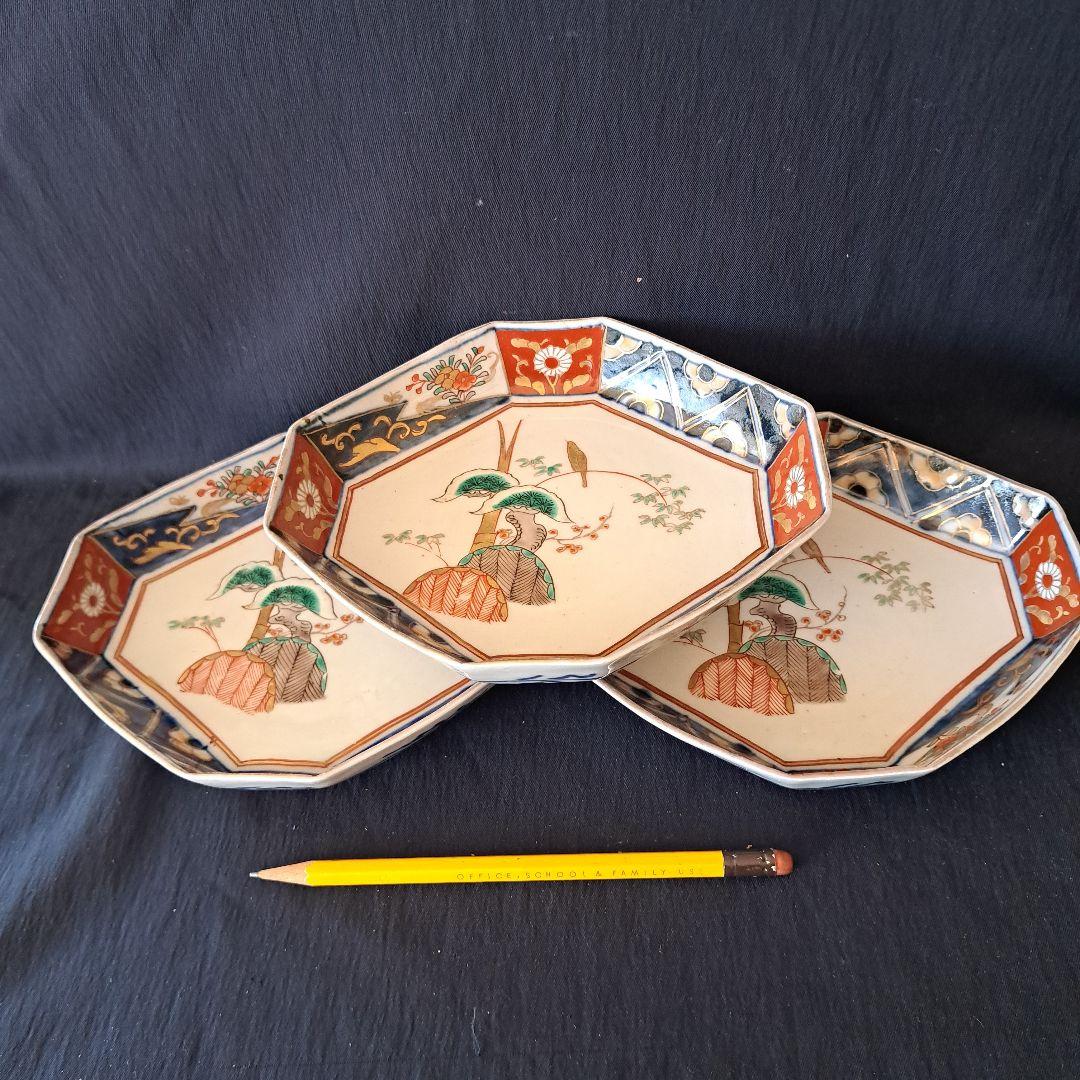 「ポツンと1羽の鳥 八角皿(幅17cm)！」 古伊万里金彩皿 3客セット 骨董ア