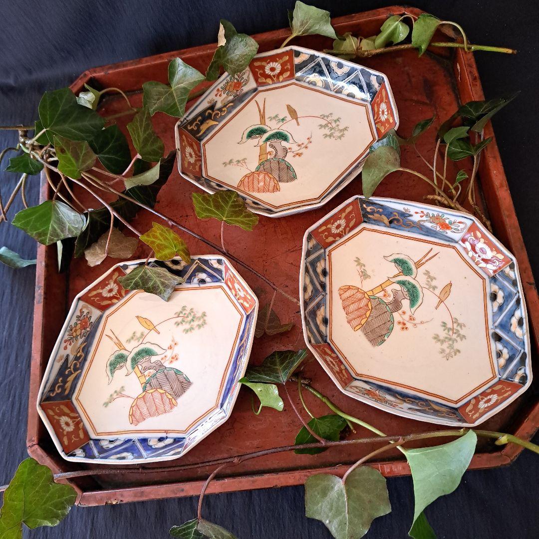 「ポツンと1羽の鳥 八角皿(幅17cm)！」 古伊万里金彩皿 3客セット 骨董ア