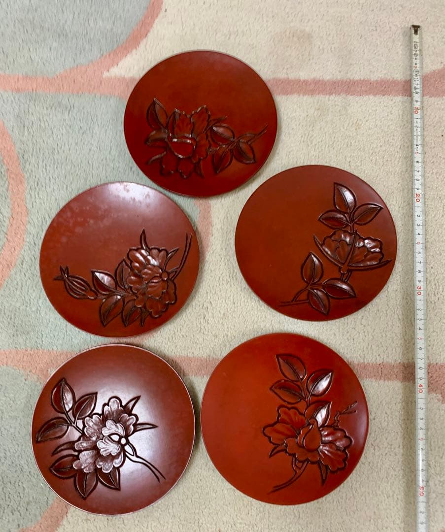 未使用品　鎌倉彫　皿　和菓子　花々　アンティーク　昭和レトロ