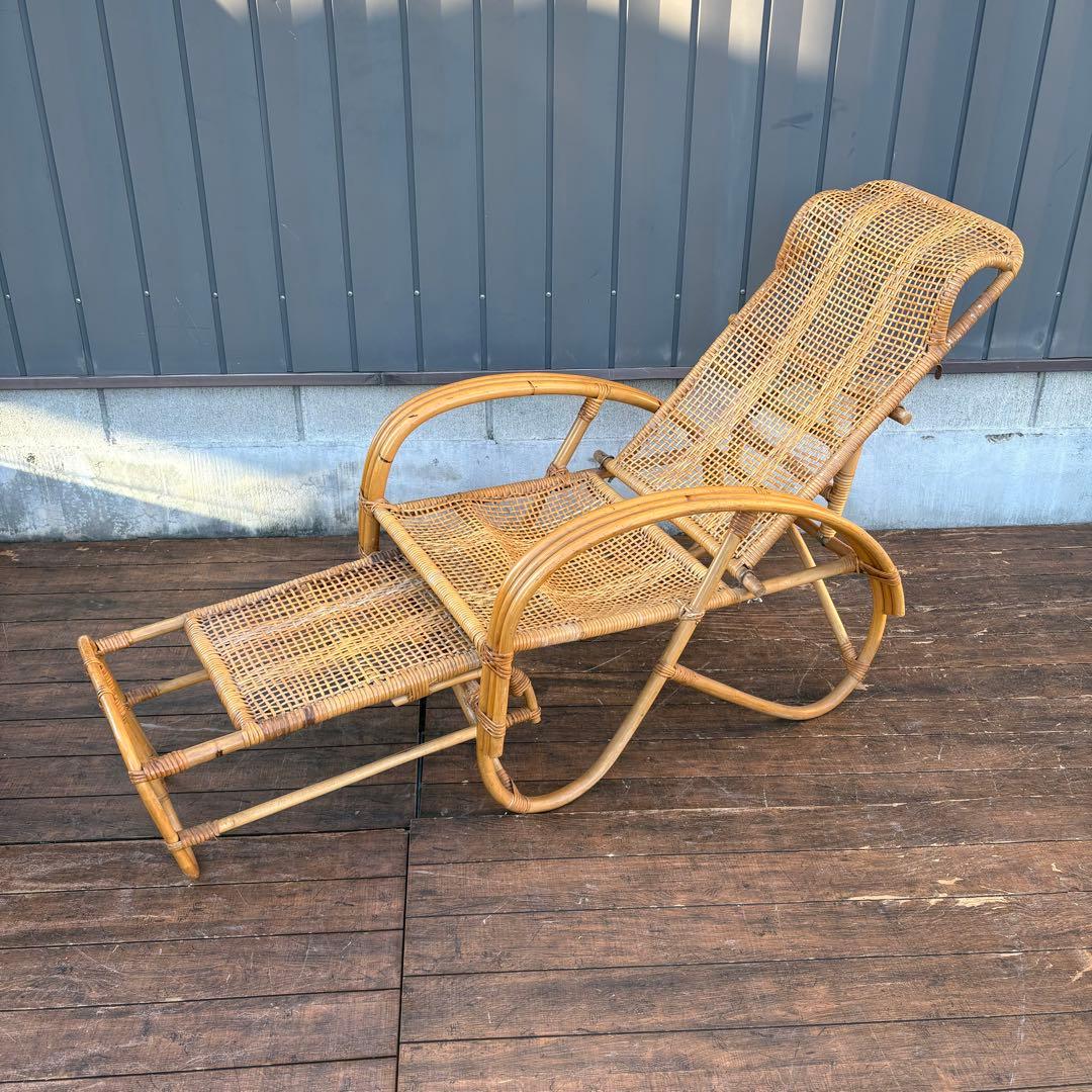 ①昭和レトロ ラタンリクライニングチェア オットマン付き 籐家具 1人掛けソファ