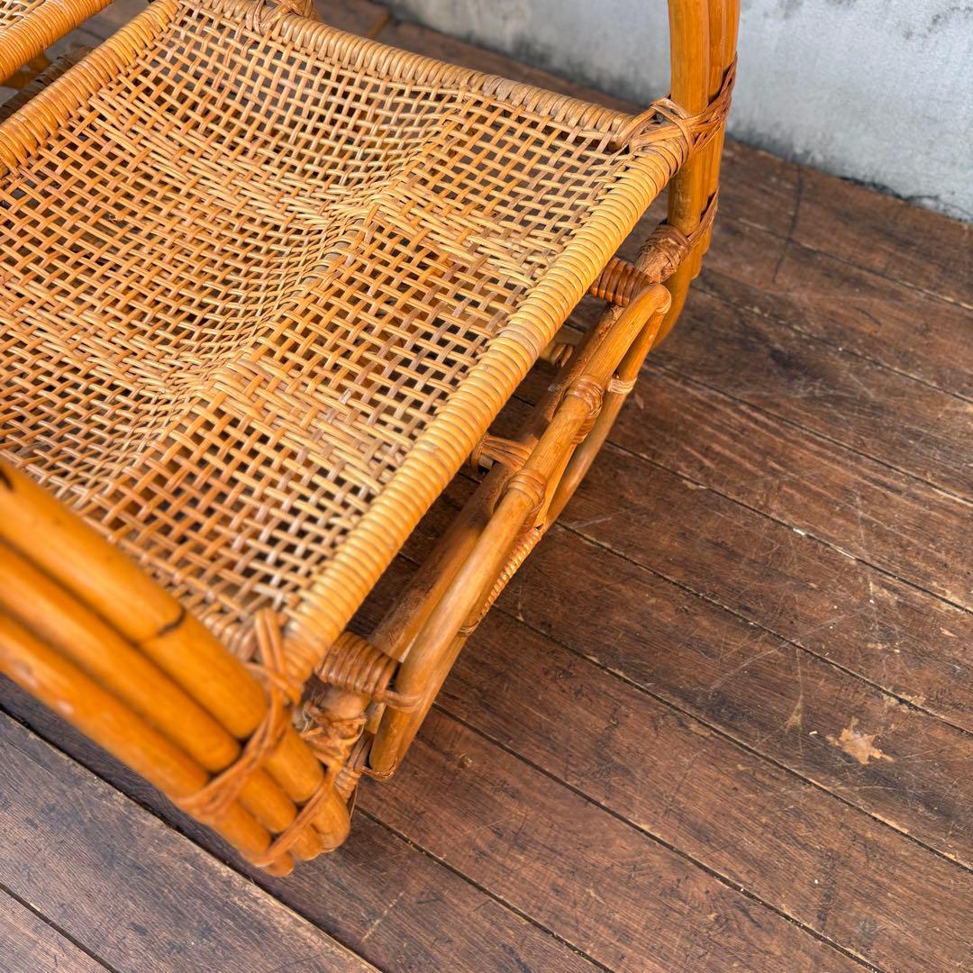 ①昭和レトロ ラタンリクライニングチェア オットマン付き 籐家具 1人掛けソファ