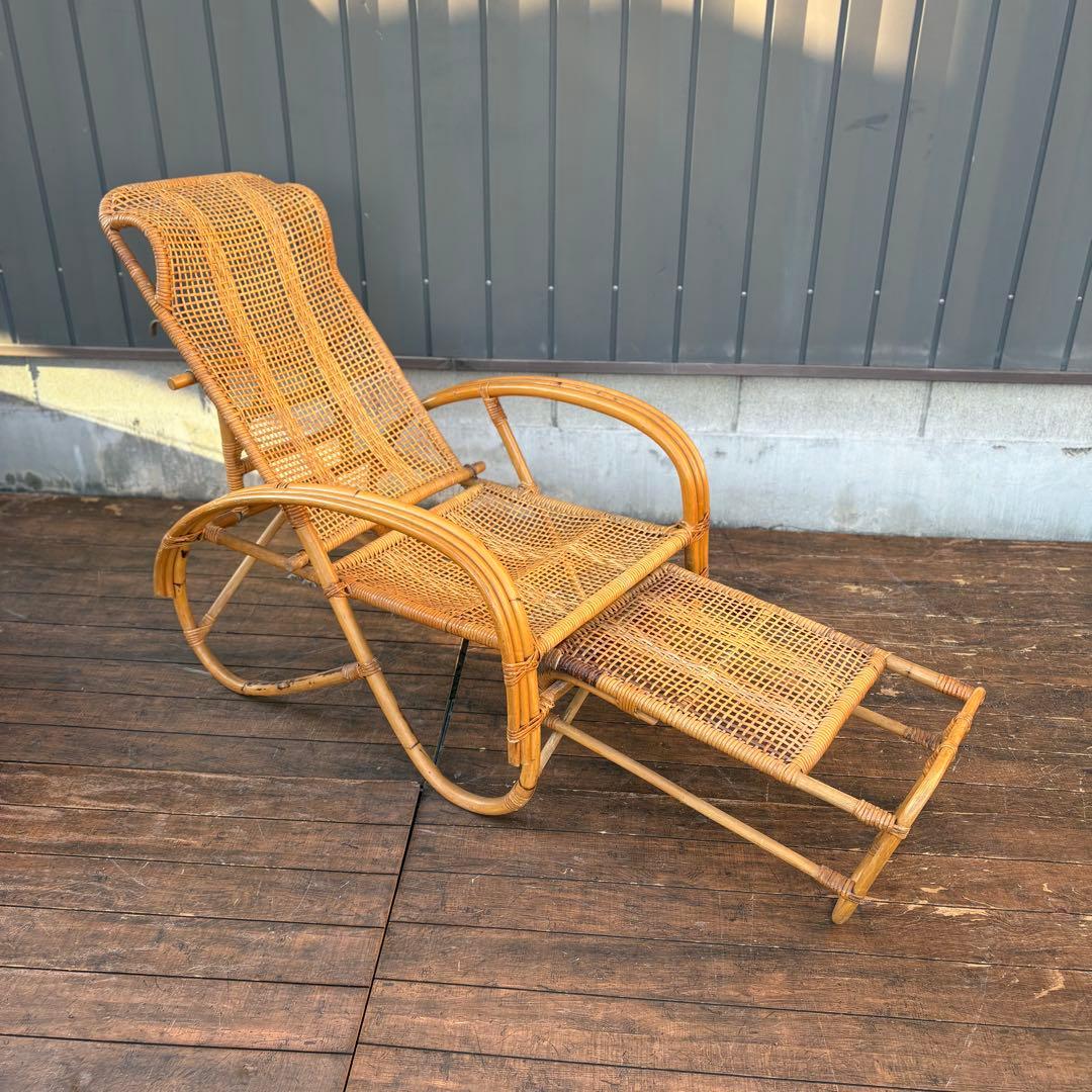 ①昭和レトロ ラタンリクライニングチェア オットマン付き 籐家具 1人掛けソファ