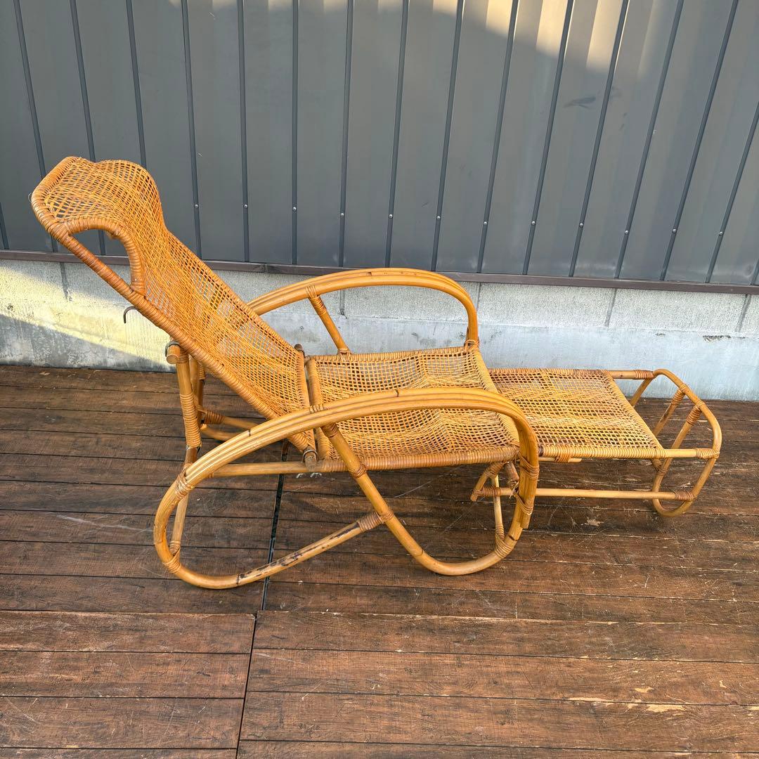 ①昭和レトロ ラタンリクライニングチェア オットマン付き 籐家具 1人掛けソファ