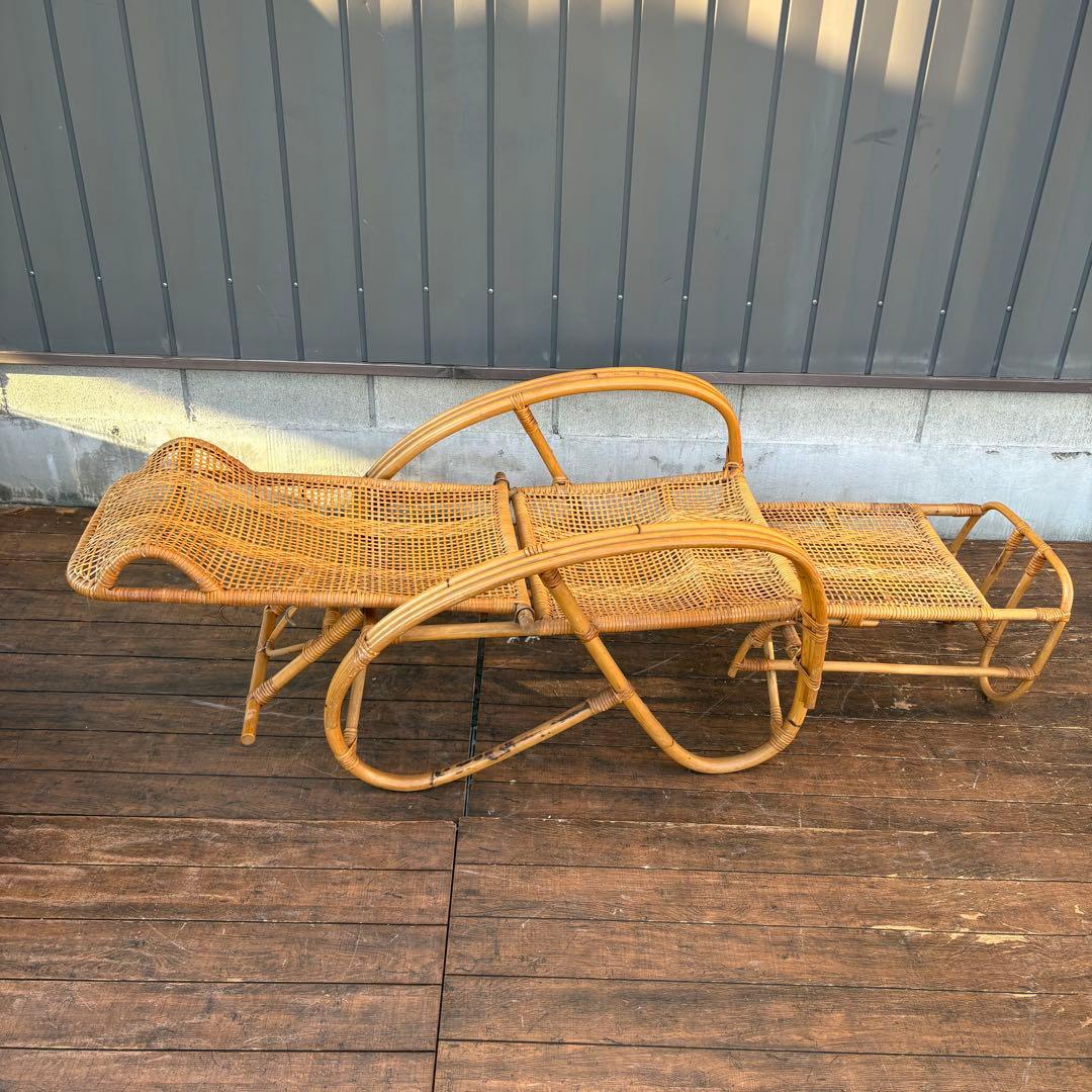 ①昭和レトロ ラタンリクライニングチェア オットマン付き 籐家具 1人掛けソファ