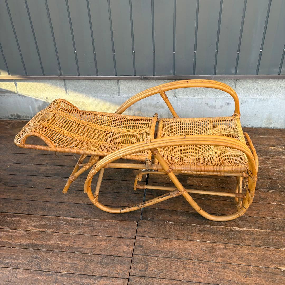 ①昭和レトロ ラタンリクライニングチェア オットマン付き 籐家具 1人掛けソファ