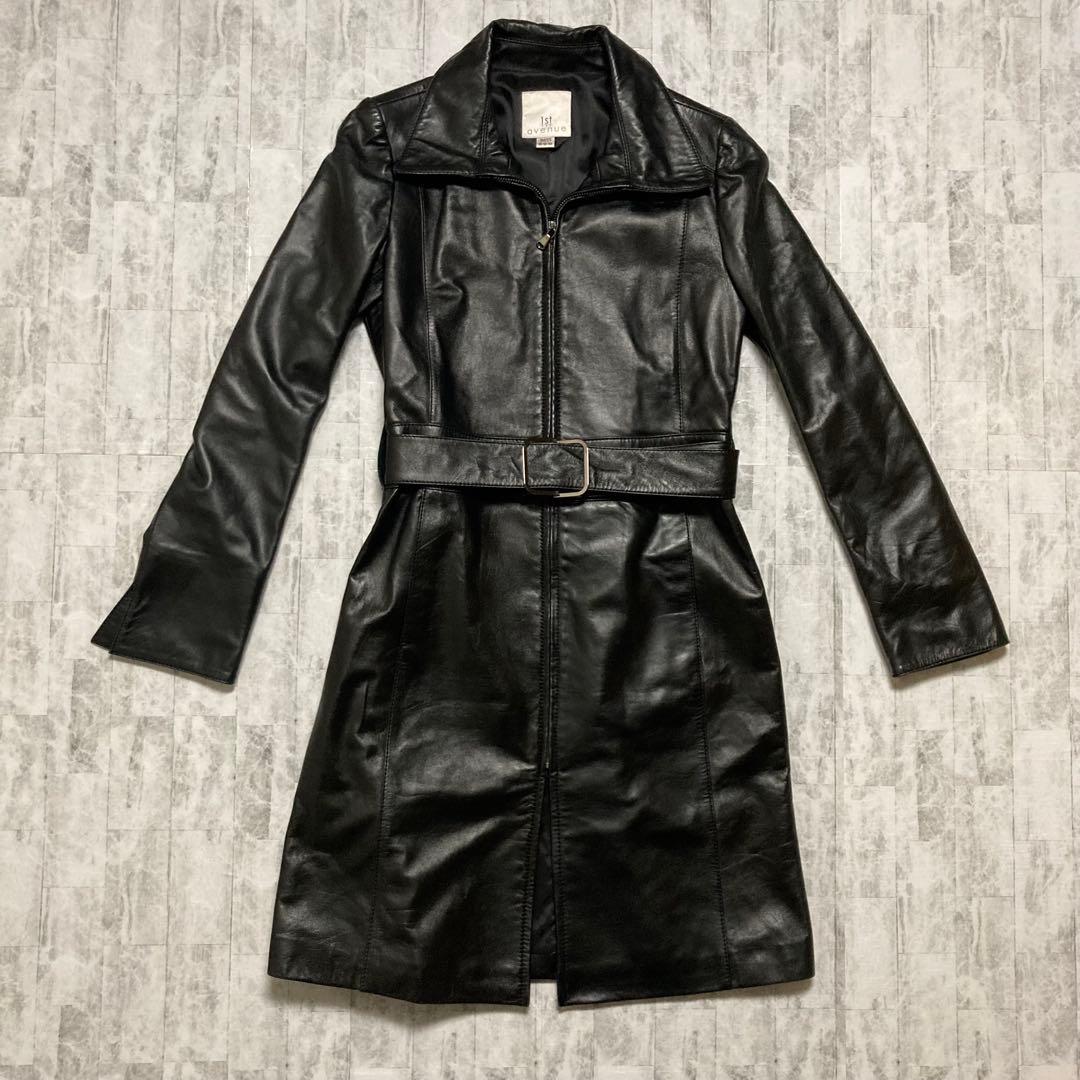 レザージャケット　ロング丈　ブラック　本革　ベルト　Mサイズ　ラムレザー