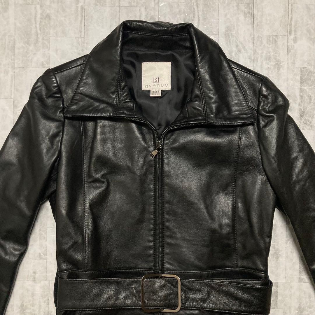 レザージャケット　ロング丈　ブラック　本革　ベルト　Mサイズ　ラムレザー
