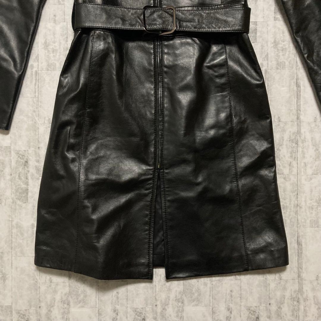 レザージャケット　ロング丈　ブラック　本革　ベルト　Mサイズ　ラムレザー