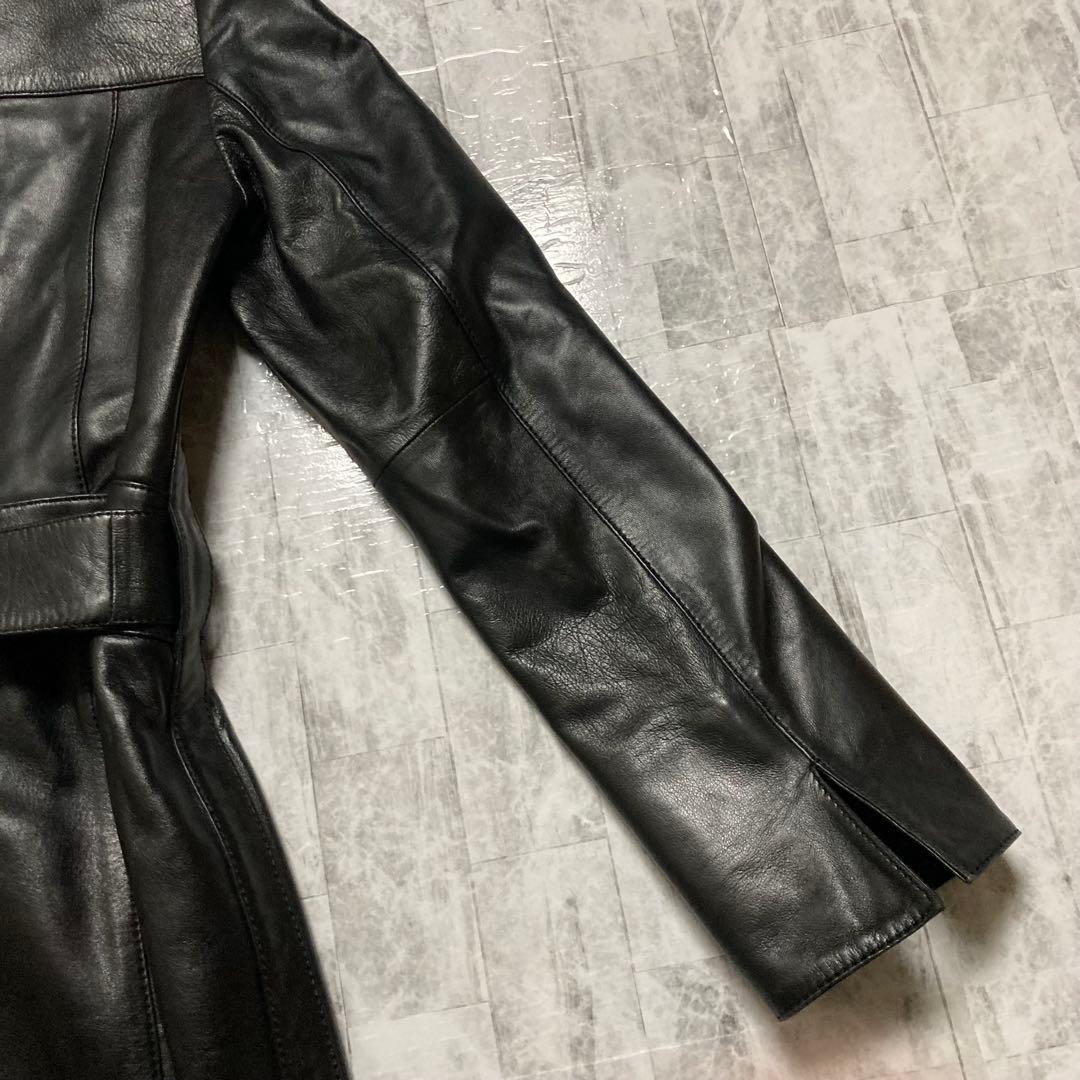 レザージャケット　ロング丈　ブラック　本革　ベルト　Mサイズ　ラムレザー