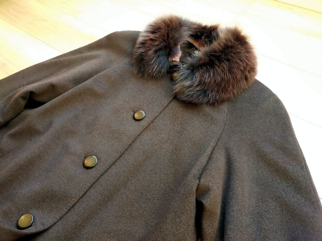 高級ブルーフォックス付きカシミヤ100 ％ロングコート！ブラウン系11号