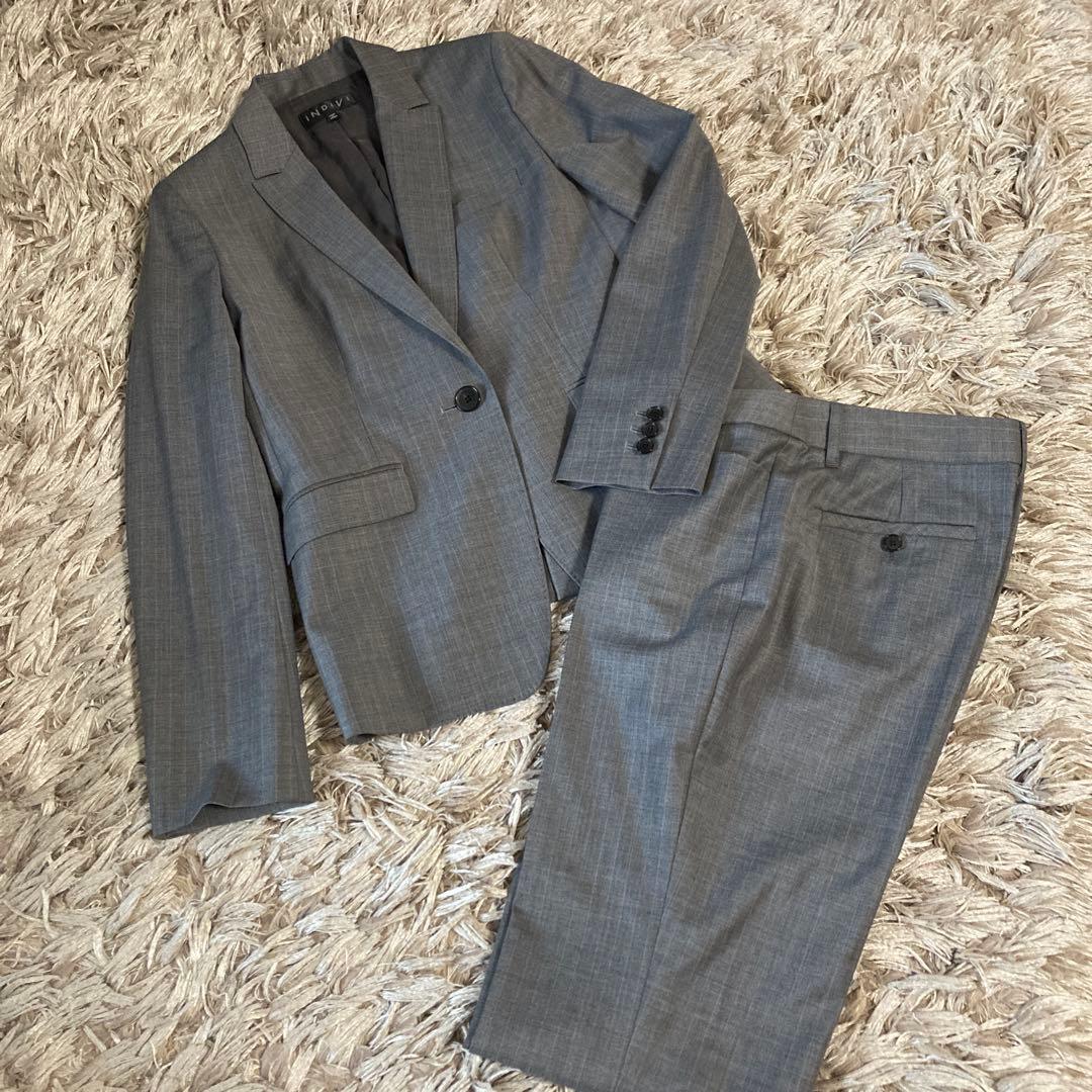 美品INDIVIレディースパンツスーツセットアップ（L）ペンシルストライプ