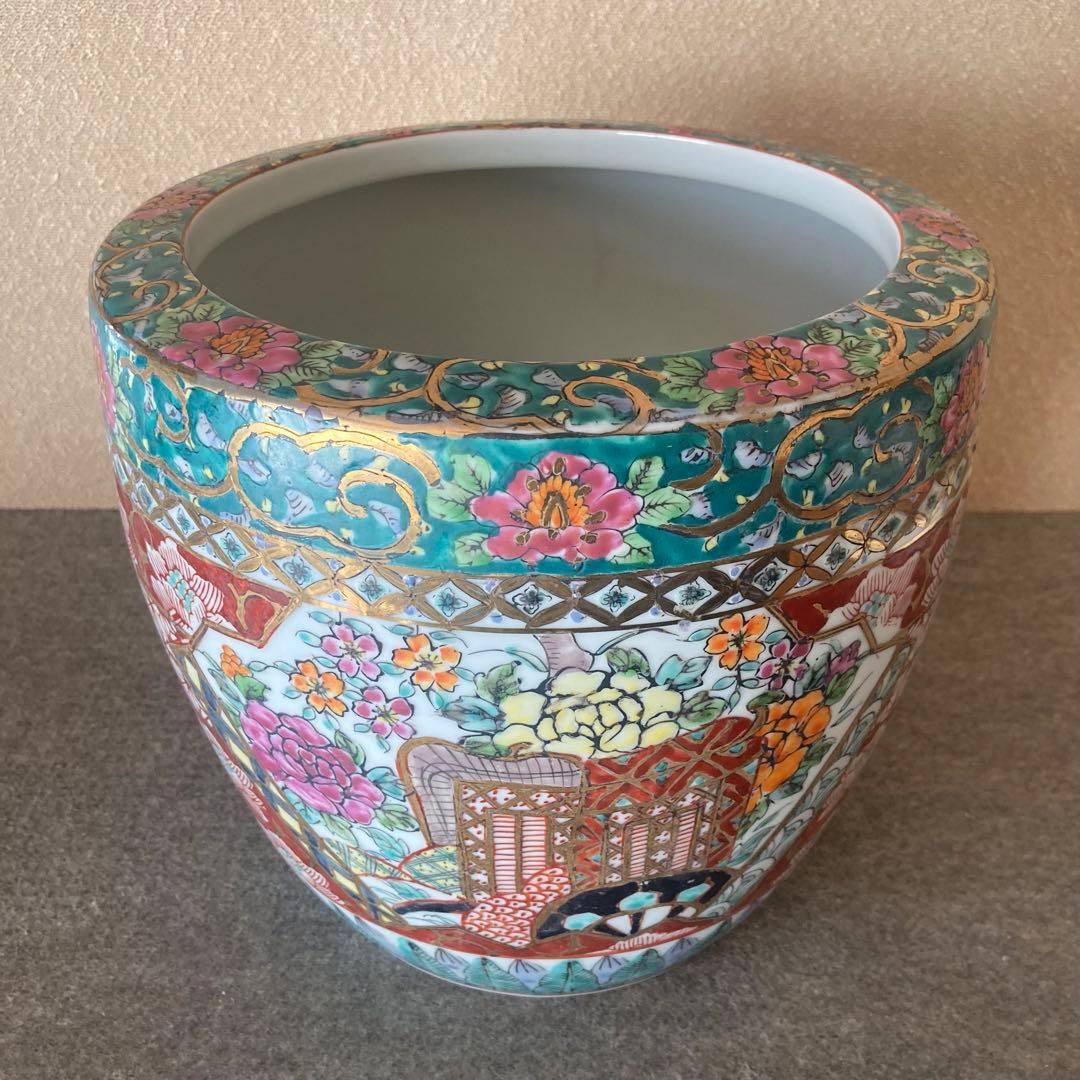 火鉢　カラフル　金彩　上絵　赤絵 手あぶり　装飾　手描き　九谷　メダカ鉢　金魚鉢
