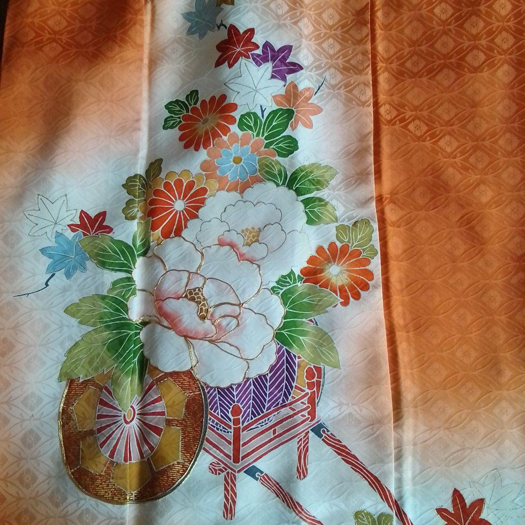 着物リメイクワンピース 振袖ドレス 花車オレンジ