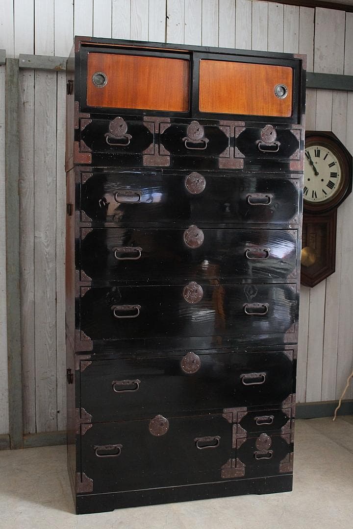 綺麗な丸金具庄内箪笥　3段　中桐　タンス　収納　古家具　古民家　時代家具