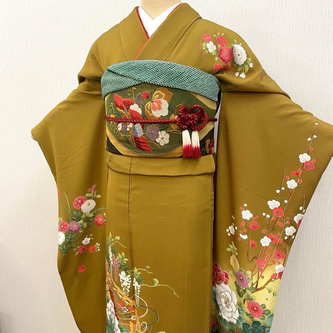 梅乃【160】正絹　振袖　フルセット　前撮り　成人式　撮影　古典　金茶　からし色