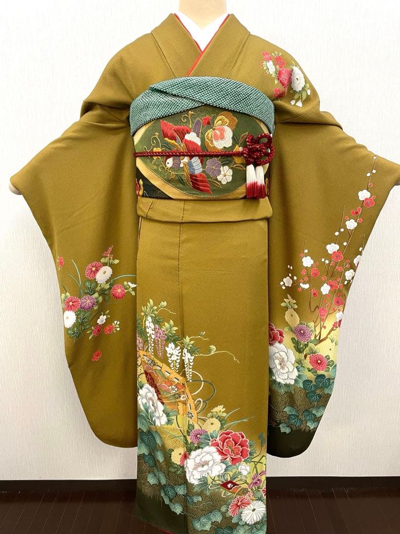 梅乃【160】正絹　振袖　フルセット　前撮り　成人式　撮影　古典　金茶　からし色