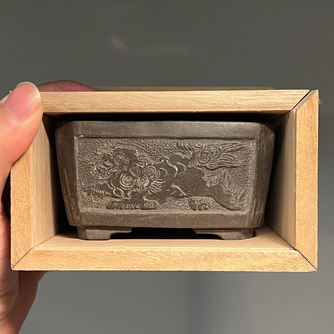 823.石心 灰泥彫刻唐獅子切角長方 盆栽鉢 植木鉢 10.7*9*5.5cm