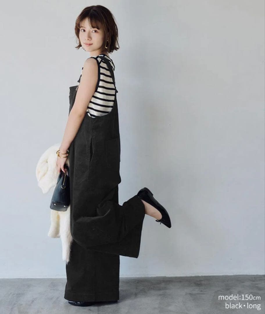 Unliens ブラック コットンサロペット ワイドレッグ